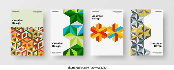 Bright geometric pattern annual report illustration bundle. Creative book cover A4 design vector layout set.