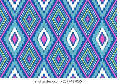 Bright Geometric Pattern with Blue and Pink Diamond Motifs on a Teal Background for Decorative Art