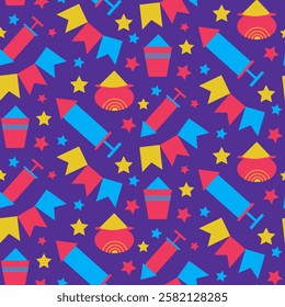 Bright geometric pattern with colorful rockets, stars, flags, and abstract shapes on a purple background. Indian vector illustration for Holi holiday