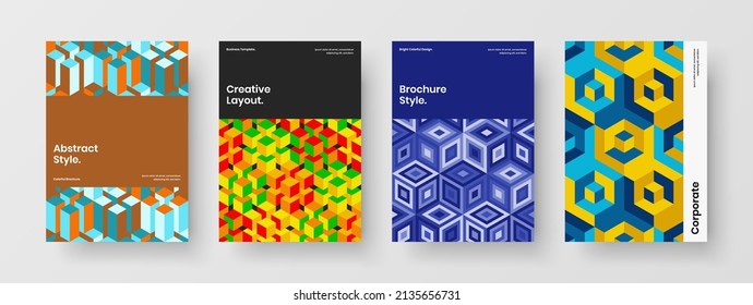 Bright geometric pattern corporate cover illustration bundle. Minimalistic handbill A4 design vector template set.