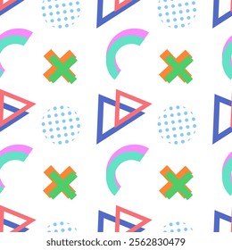 Bright geometric pattern featuring blue triangles, green crosses, pink arcs, and dotted circles on a white background.