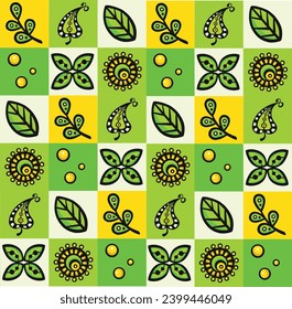 bright geometric pattern with flowers, green, vector illustration