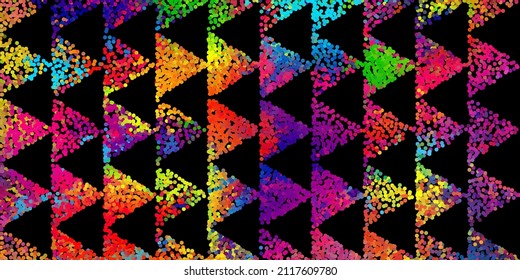 Bright geometric pattern of particles on a black background. Design of flyers for parties, banners for websites, presentations, original packaging. Stock vector illustration.