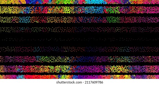 Bright geometric pattern of particles on a black background. Design of flyers for parties, banners for websites, presentations, original packaging. Stock vector illustration.