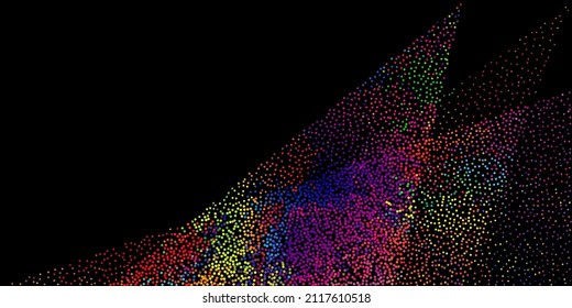 Bright geometric pattern of particles on a black background. Design of flyers for parties, banners for websites, presentations, original packaging. Stock vector illustration.