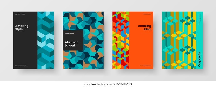 Bright geometric pattern placard illustration set. Minimalistic corporate identity A4 vector design concept bundle.