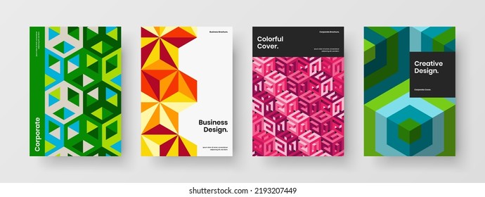Bright geometric pattern poster template collection. Vivid corporate brochure design vector layout composition.