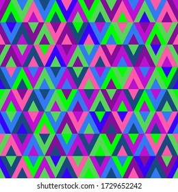 Bright geometric pattern with rhombuses in neon green, purple, violet, blue and pink. Trendy summer 2020 vibrant colors. Retro 80s style background. Flat style vector illustration.