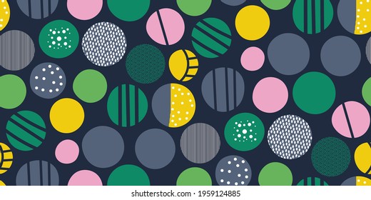 Bright geometric pattern with textured circles. Colorful pop art background. Abstract print in Trendy memphis style. Seamless texture. Creative graphic vector design for fabrics, wallpaper, interior