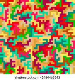 Bright geometric pixel seamless repeating pattern. Vibrant multicolor abstract puzzle or maze vector texture for backgrounds, textiles, wallpapers, and digital art projects
