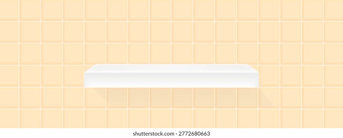 Bright geometric realistic bathroom background with white shelf on square mosaic tiles in beige color