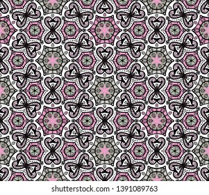 Bright geometric rich abstract pattern. Seamless vector with various Gray, pink and burgundy elements on a white background. For textiles, fashionable prints, upholstered furniture, wallpaper, tile