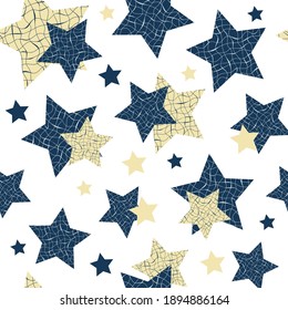 bright geometric seamless pattern with blue and yellow patterned stars scattered on the white background