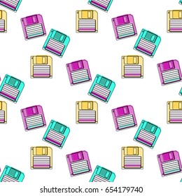 Bright geometric seamless pattern. Colorful floppy disk on a white background. Style 80's and 90's, vintage memphis. Print for textile and fabric in African wax style. Vector EPS 8