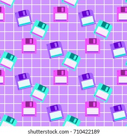 Bright geometric seamless pattern. Colorful floppy disk on a violet background. Style 80's and 90's, vintage memphis. Print for textile and fabric in African wax style. Vector EPS 8