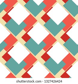 Bright geometric seamless pattern in ethnic, African style. Poster, card, textile, wallpaper template. Red, white, yellow, coral ñolor. Decorative background with repeating stylized rectangles