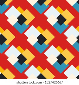 Bright geometric seamless pattern in ethnic, African style. Poster, card, textile, wallpaper template. Red, black, yellow, blue ñolor. Decorative background with repeating stylized rectangles
