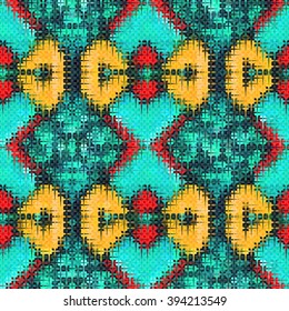 Bright geometric seamless pattern with fabric texture. Vector illustration.