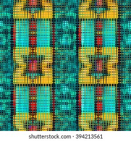 Bright geometric seamless pattern with fabric texture. Vector illustration.