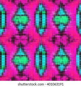 Bright geometric seamless pattern with fabric texture. Vector illustration.