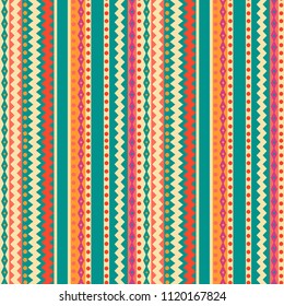Bright geometric seamless pattern in folk style, vector. Colorful mosaic backdrop. Striped geometric background. 
