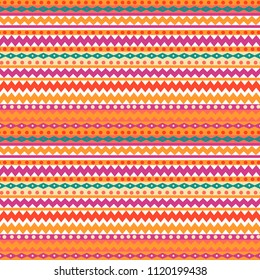 Bright geometric seamless pattern in folk style, vector. Colorful mosaic backdrop. Striped geometric background.