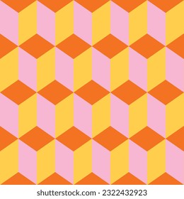 Bright, geometric seamless pattern. Isometric rectangle prisms in vibrant pink, yellow and orange colors. Modern, contemporary bold texture. Repeat graphic print for backgrounds and wallpapers. 
