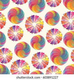 Bright geometric seamless pattern with multicolored circles and triangles on beige background. Funny bright texture for congrats wrap, postcard, fabric.
