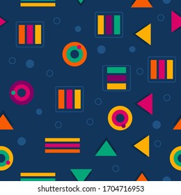 Bright geometric seamless pattern on dark blue background. Colorful shapes - rectangles, circles, triangles. Modern minimalistic style. Backdrop with repeated ornament for textile, wrapping paper.
