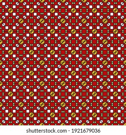 Bright geometric seamless pattern of repeating geometric curly elements, a scattering of multi-colored rhombuses and squares, a red background. Ideal for any your bold design or advertising project.