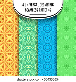 Bright geometric seamless pattern set. Abstract sun motif background. Sunbursts and sunbeams. For invitation, web, textile, wallpaper, wrapping paper. Vector illustration