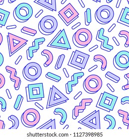 Bright geometric seamless pattern of simple shapes. Trendy memphis style. Glow colors. With blue outline