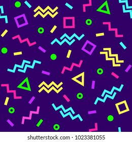 Bright geometric seamless pattern,  style, colorful shapes on dark purple background. Neon colors. Vector illustration