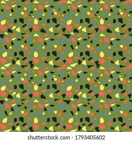 Bright geometric seamless pattern, terrazzo. A mosaic of many colored curly fragments on an olive background. Great for decorating fabrics, textiles, gift wrapping, printed materials, advertising.