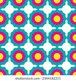 Bright geometric seamless pattern. Texture in vintage style. Abstract retro mosaic ornament. Blue, pink and yellow colors. Elements on white background.