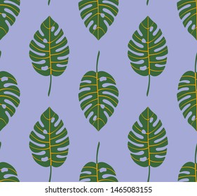 Bright geometric seamless pattern with vertical rows of monstera tropical leaves with veins. Green, light blue and yellow. Repeat symmetrical botanical pattern. Vector illustration.