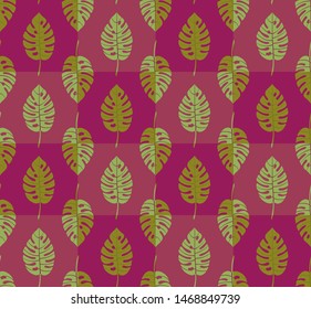 Bright geometric seamless pattern with vertical rows of staggered monstera tropical leaves with veins. Repeat symmetrical chess grid order botanical pattern. Vector illustration.
