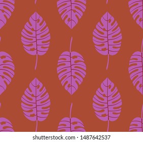 Bright geometric seamless pattern with vertical rows of monstera tropical leaves with veins. Repeat symmetrical botanical pattern. Vector illustration.
