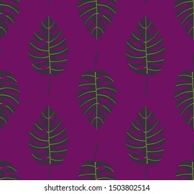 Bright geometric seamless pattern with vertical rows of monstera tropical leaves with veins. Repeat symmetrical botanical pattern. Vector illustration.