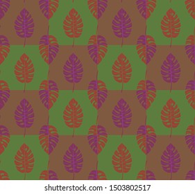 Bright geometric seamless pattern with vertical rows of staggered monstera tropical leaves with veins. Repeat symmetrical chess grid order botanical pattern. Vector illustration.
