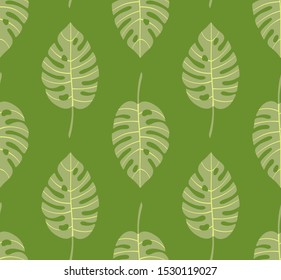 Bright geometric seamless pattern with vertical rows of monstera tropical leaves with veins. Repeat symmetrical botanical pattern. Vector illustration.