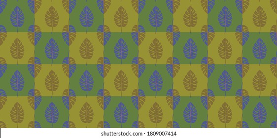 Bright geometric seamless pattern with vertical rows of staggered monstera tropical leaves with veins. Repeat symmetrical chess grid order botanical pattern. Vector illustration.
