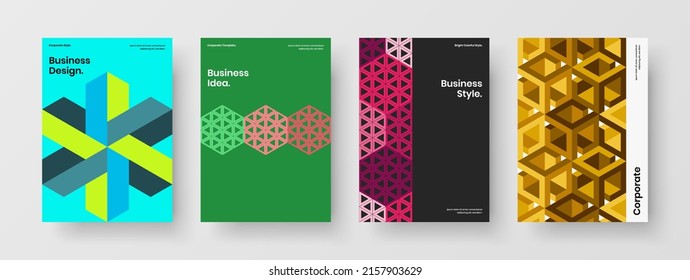 Bright geometric shapes annual report concept collection. Simple company brochure A4 design vector illustration composition.
