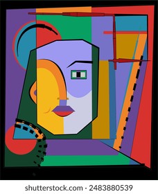 Bright, geometric shapes combine to form an abstract representation of a face. Bold, contrasting colors highlight the distinctive features and create a dynamic visual impact
