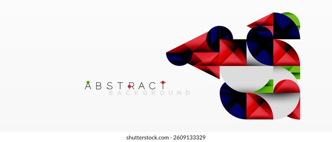 Bright geometric shapes create abstract design. Red, blue, green, white colors form modern pattern. Minimalist style, clean lines, dynamic composition.