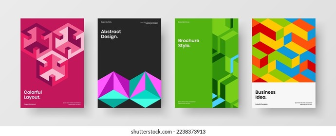 Bright geometric shapes magazine cover template set. Isolated pamphlet A4 design vector illustration collection.