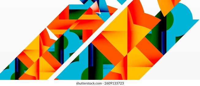 Bright geometric shapes, orange, blue, green, yellow. Diagonal white line divides composition. Modern design, abstract art, vibrant colors, clean lines.
