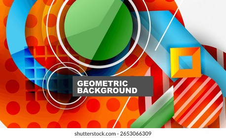 Formas geométricas brilhantes se sobrepõem. Círculos, quadrados, linhas criam composição dinâmica. Cores vivas dominam o design. Padrão abstrato moderno.