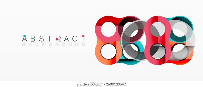 Bright geometric shapes overlap creating dynamic composition. Red, turquoise, gray, orange colors blend. Modern design element for backgrounds.