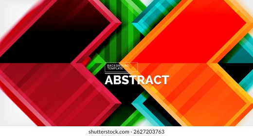 Bright geometric shapes overlap, creating vibrant abstract composition. Red, orange, green hues dominate dark background. Modern design element.